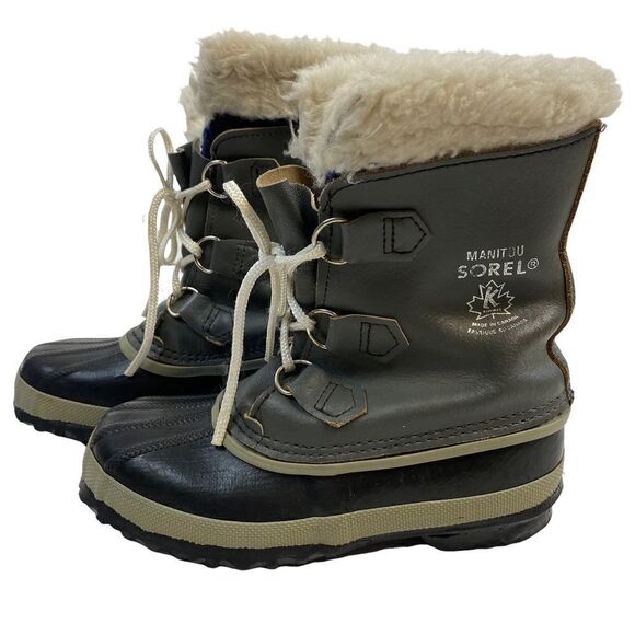 Sorel Unisex Gray Black Waterproof Faux Fur Lined Winter Snow Boots Size 3 Wool - Picture 2 of 9